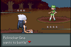Picknicker Gina challenging the player in an autumn forest