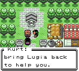 A stone shrine in a green tree-lined town, with Kurt saying “bring Lugia back to help you”