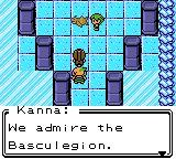 An icy blue room with a Basculegion in it, and Kanna saying “We admire the Basculegion.”