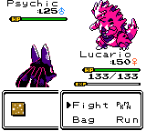 A battle in progress, the player's Lucario at level 50 against a pink and purple opponent, with the Fight, Bag and Run menu open