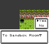 A grassy path with a yes-or-no box asking “To Sandbox Room?”