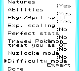 The new-game options list — natures, abilities, physical/special split, experience scaling, perfect stats, traded Pokémon, Nuzlocke mode — with difficulty set to Expert