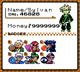The trainer card, showing the player's name and money above two rows of badges