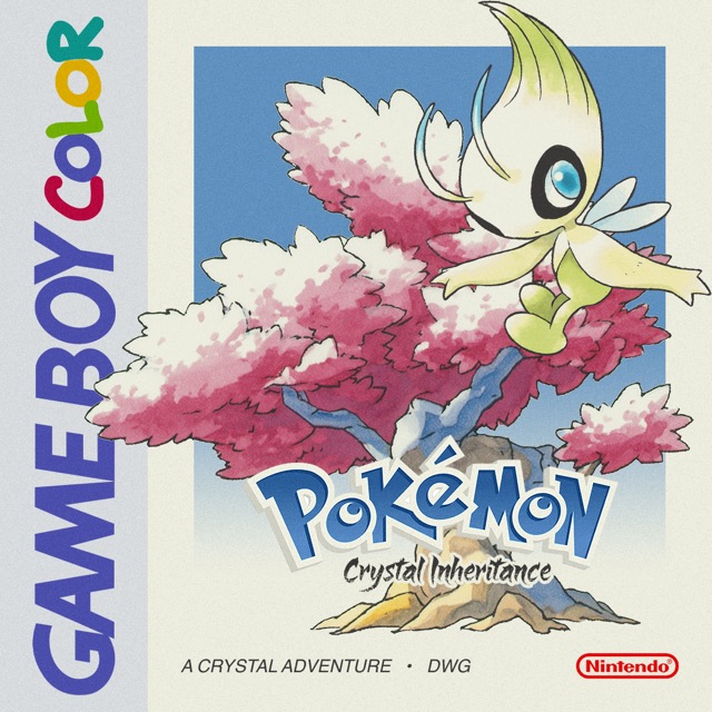 Box art for Pokémon Crystal Inheritance: Celebi flying past a blossoming pink tree, on a Game Boy Color cover