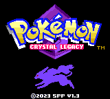 The title screen, showing a Pokémon Crystal Legacy logo over a purple diamond shape and the silhouette of a running four-legged Pokémon, with the copyright line ©2023 SPP V1.3