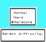 A difficulty-select menu with Hardcore highlighted, listing Normal, Hard and Hardcore under the prompt Select difficulty