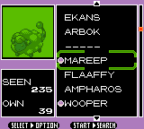 A Pokédex list screen with Mareep highlighted, showing the entries Ekans, Arbok, an unseen entry, Mareep, Flaaffy, Ampharos and Wooper, with totals reading Seen 235, Own 39