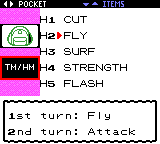 An Items pocket screen listing the field moves Cut, Fly, Surf, Strength and Flash, with Fly selected and a text box reading 1st turn: Fly, 2nd turn: Attack
