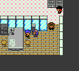The interior of a building with pink diamond-patterned wallpaper, a computer terminal on a counter, two trainers standing together, and a hatted NPC nearby