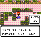 A trainer's rematch prompt reading Want to have a rematch with me? with Yes and No options, as the player stands in a grassy area