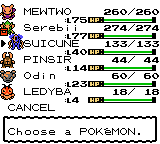 A party select screen listing Mewtwo, a Pokémon nicknamed Serebii, Suicune, Pinsir, a Pokémon nicknamed Odin and Ledyba with their levels and HP, under the prompt Choose a Pokémon