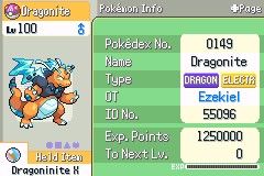 Dragonite's summary screen, holding a Dragoninite X