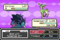 A battle between Swampage and Virizion