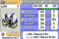 Chandelure's stats screen with EV editing