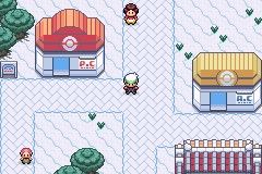A snowy town with a Pokémon Center and Poké Mart