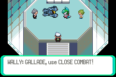 A trainer battle beginning against Wally, whose party is shown above the player, with the text box reading WALLY: GALLADE, use CLOSE COMBAT!