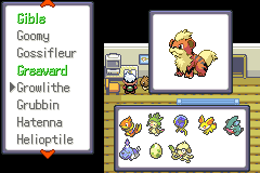 A Pokédex list screen showing species from Gible to Helioptile in alphabetical order, with Growlithe selected and shown in the preview panel