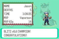 A post-battle stats screen for player Jason: 5 deaths, a time of 1:34:35, MVP Vaporeon with 14 KOs, and the message BLITZ v8.6 CHAMPION! CONGRATULATIONS!