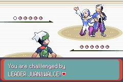 A double battle beginning against Leader Juan and Walce, each fielding a full team of six Pokémon