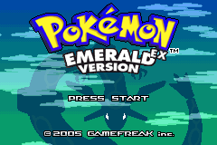 The title screen: the Pokémon Emerald Ex Version logo over a green sky, with a Rayquaza silhouette coiled behind it and "Press Start" underneath