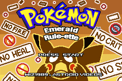 The title screen: the Pokémon Emerald Rule-ette logo surrounded by rule stickers reading No Fire!, No Heal!, No Crit! and No Status!, crediting wiz1989 and Astroid Videos