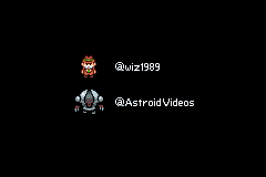 A credits screen listing @wiz1989 and @AstroidVideos beside their character sprites on a black background