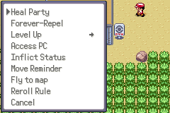 A debug menu open over a grassy route, listing Heal Party, Forever-Repel, Level Up, Access PC, Inflict Status, Move Reminder, Fly to map, Reroll Rule and Cancel