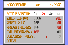 A Hack Options menu with Battle Speedup set to 2x, Violation DMG at 50%, Reveal Rule and Harder Trainers both on, Gym Leaders/E4 on, and Concurrent Rules set to 2