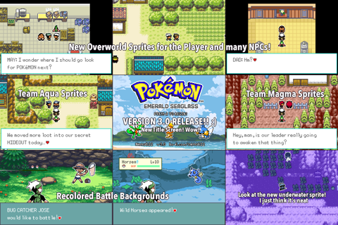 The creator's version 3.0 release collage: the Emerald Seaglass title screen in the centre, surrounded by scenes of new player and townsfolk sprites, Team Aqua and Team Magma sprites, recoloured battle backgrounds, a wild Horsea battle and a new underwater sprite