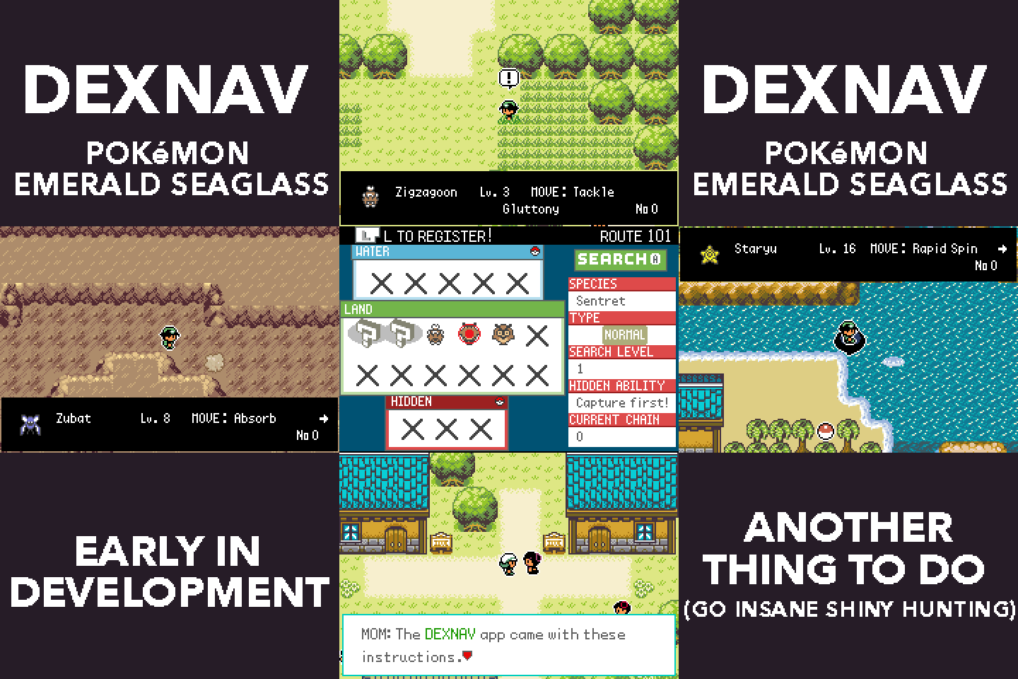 The creator's DexNav preview: the DexNav search screen for Route 101 in the centre, with overworld scenes of hidden Pokémon being found — a Zigzagoon on a route, a Zubat in a cave and a Staryu at sea
