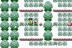 The player threading a narrow path between rows of trees and low barriers