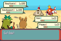 A double battle on a beach, the player sending out a Pokémon called Ook against a level 100 Magikarp and Sandygast