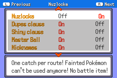 A Nuzlocke options menu with dupes, shiny, Master Ball and nickname clauses