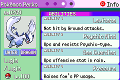A Pokémon Perks screen listing four abilities at once for a level 100 Lugia