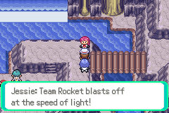 Two Team Rocket members on a wooden bridge in a cave