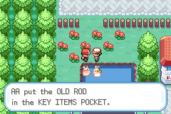 A grassy town with apple trees and a small pond; a message box reads "AA put the OLD ROD in the KEY ITEMS POCKET."