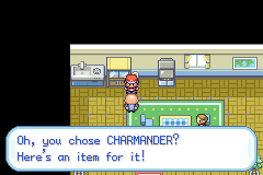 Inside a laboratory, a professor says "Oh, you chose CHARMANDER? Here's an item for it!"