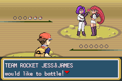 Two Team Rocket members standing together on a sandy arena as "TEAM ROCKET JESS&JAMES would like to battle!" appears