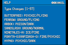 An in-game help screen headed "Type Changes (1-97)", listing entries such as Butterfree Psychic/Flying, Fearow Ground/Flying and Hypno Psychic/Dark