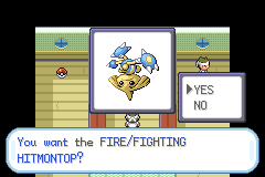 A yellow and blue Hitmontop spinning in a room of Poké Balls, with a yes/no box and the line "You want the FIRE/FIGHTING HITMONTOP?"