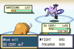 A battle against a level 57 Galarian Articuno, purple and long-tailed, with the player's level 54 Pokémon choosing a move