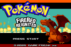 Title screen reading Pokémon FireRed Reignited, with Charizard standing in flames
