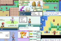 Six small screens side by side showing a wild battle, a menu, a gym interior and trainers talking