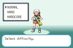 A menu over the player character offering Normal, Hard and Hardcore, captioned Select difficulty