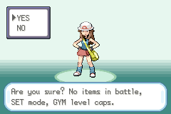 A yes-or-no prompt reading Are you sure? No items in battle, SET mode, GYM level caps