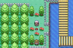 The player on a path between dense trees and red flowers, with a wooden pier over water to the right