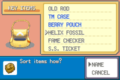 The Key Items pocket of the bag listing the Old Rod, TM Case, Berry Pouch, Helix Fossil, Fame Checker and S.S. Ticket
