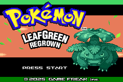 Title screen reading Pokémon LeafGreen Regrown, with Venusaur among falling leaves