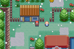 The player and a man standing outside a wooden house in a snowy town square