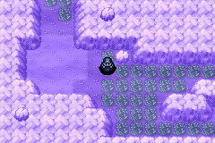 A purple-walled cave with a rocky floor and a lone Pokémon on the path